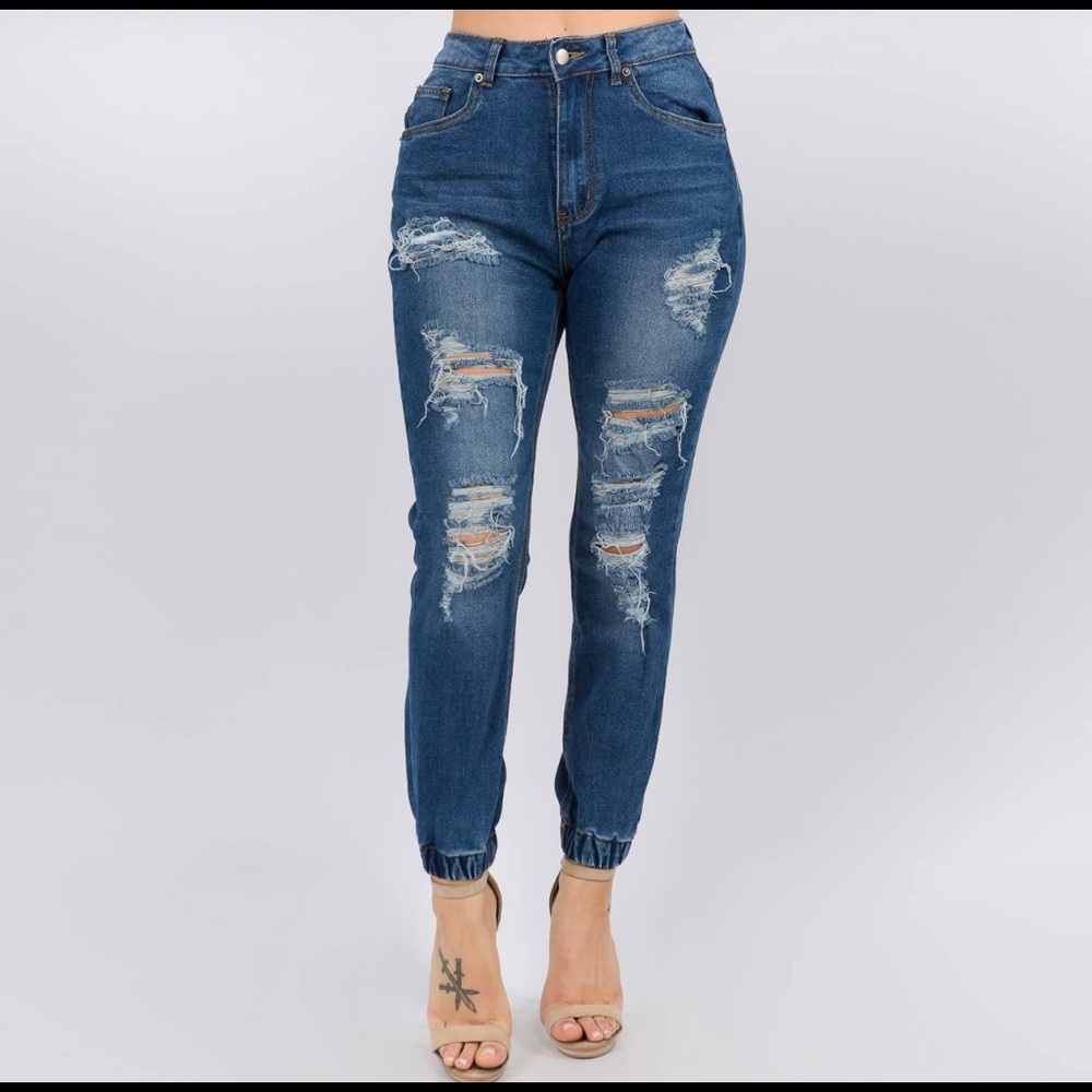High waisted denim joggers